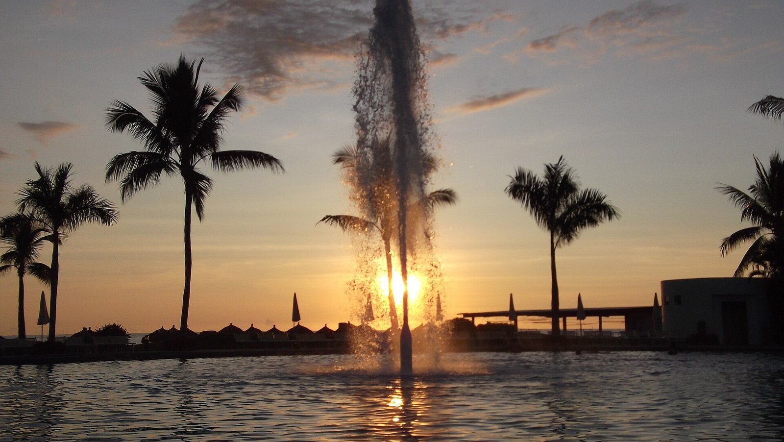 Silueta de palmeras y una fuente en una alberca al atardecer, con el sol detrás del chorro de agua