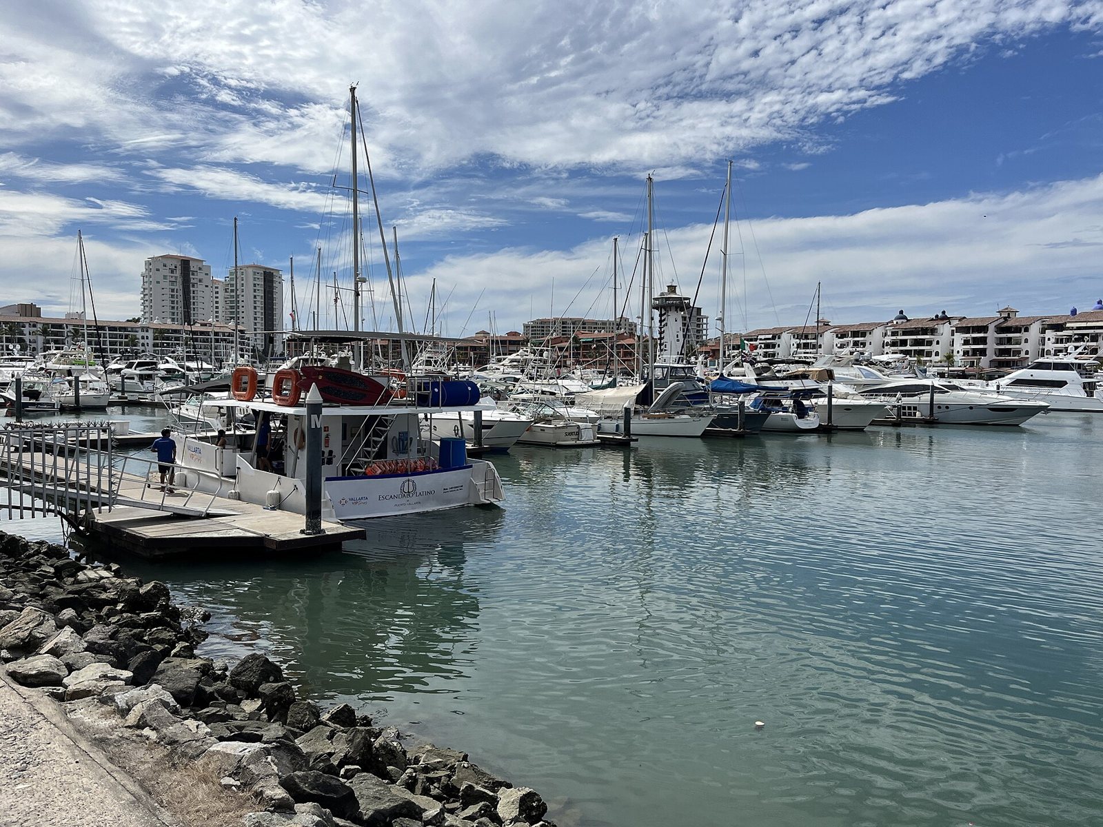 Muelle de madera con una embarcación de paseo y, detrás, veleros y yates en la marina, con edificios y palmeras al fondo